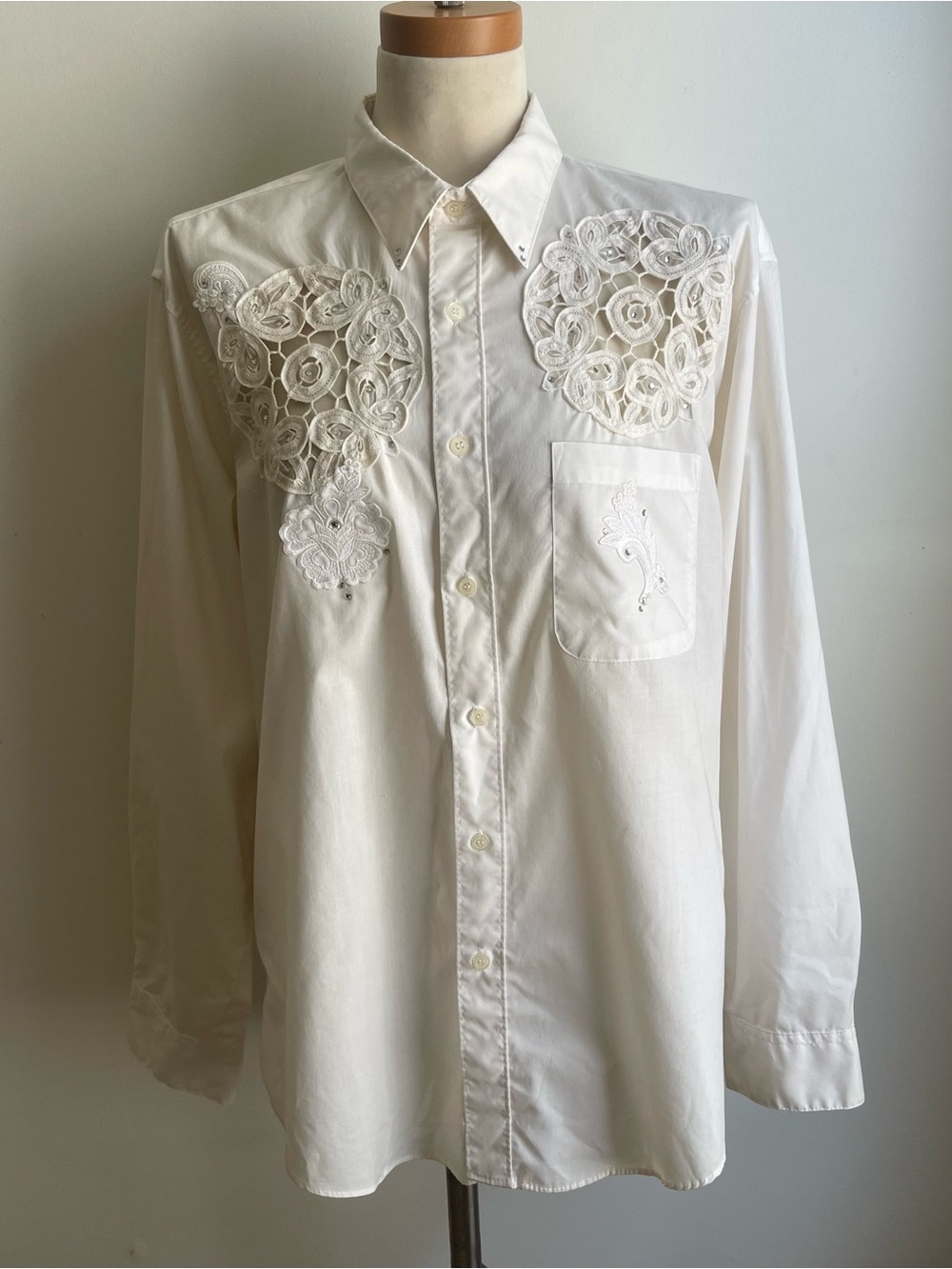 Vintage Las Olas Western Shirt White Embroidery Crochet Rhinestone Cowgirl Large